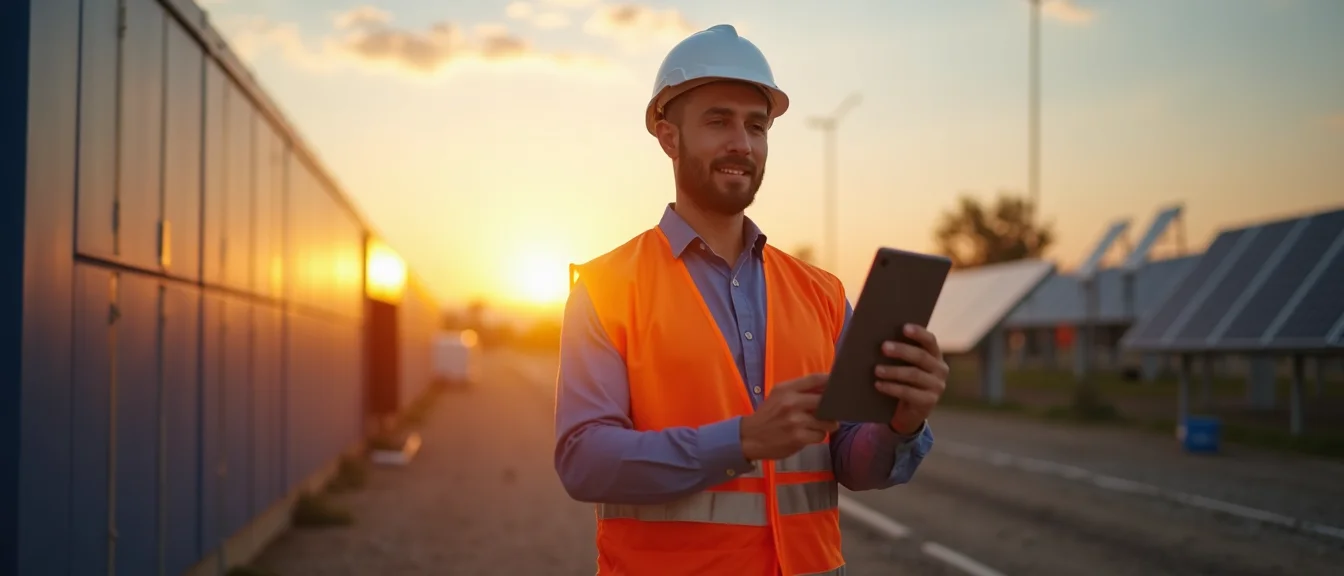 Engineer with a tablet walking a solar and battery storage site at golden hour