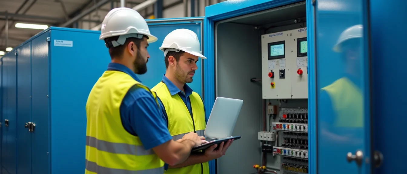 Two engineers reviewing an electrical control panel with a laptop